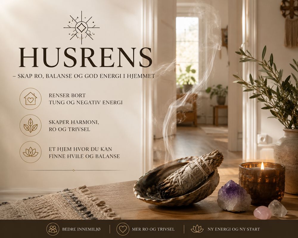 Husrens – skap ro, balanse og god energi i hjemmet. Renser bort tung og negativ energi, skaper harmoni, ro og trivsel.
